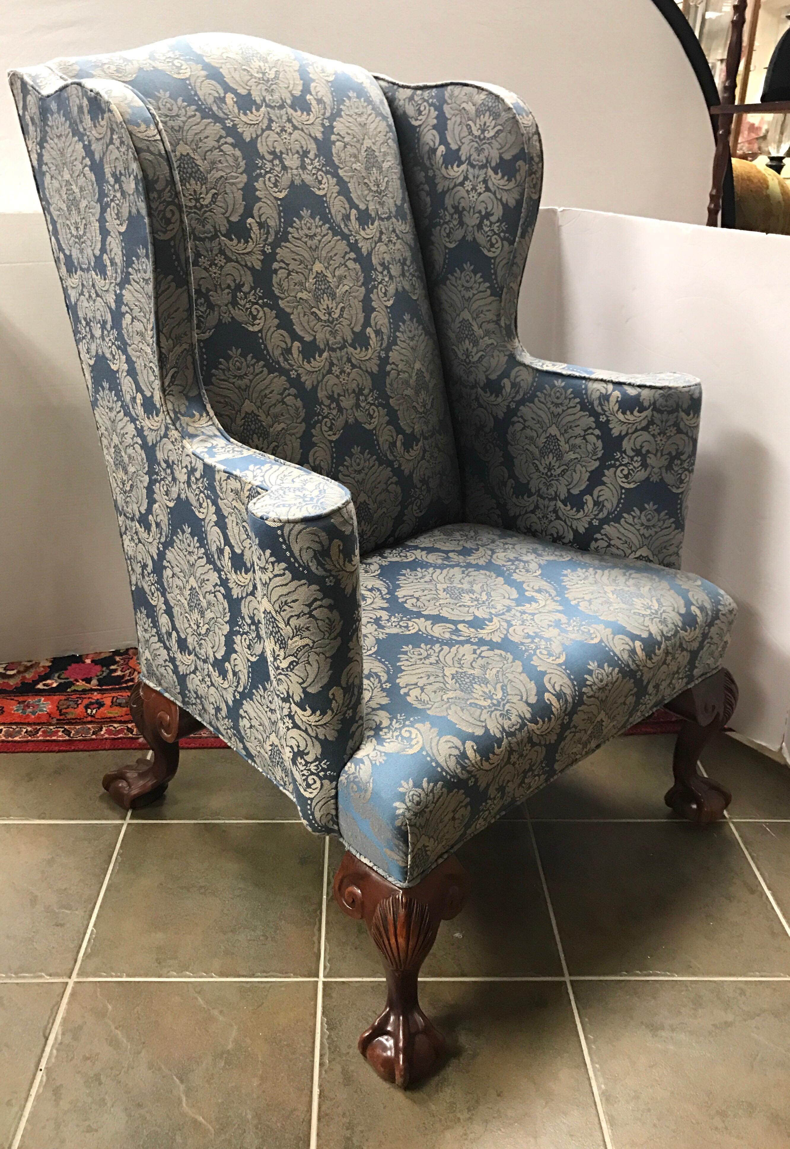 Mid-20th Century Pair of English Mahogany Ball and Claw with Blue Damask Wingback Chairs