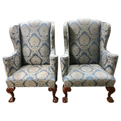 Pair of English Mahogany Ball and Claw with Blue Damask Wingback Chairs