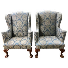 Pair of English Mahogany Ball and Claw with Blue Damask Wingback Chairs