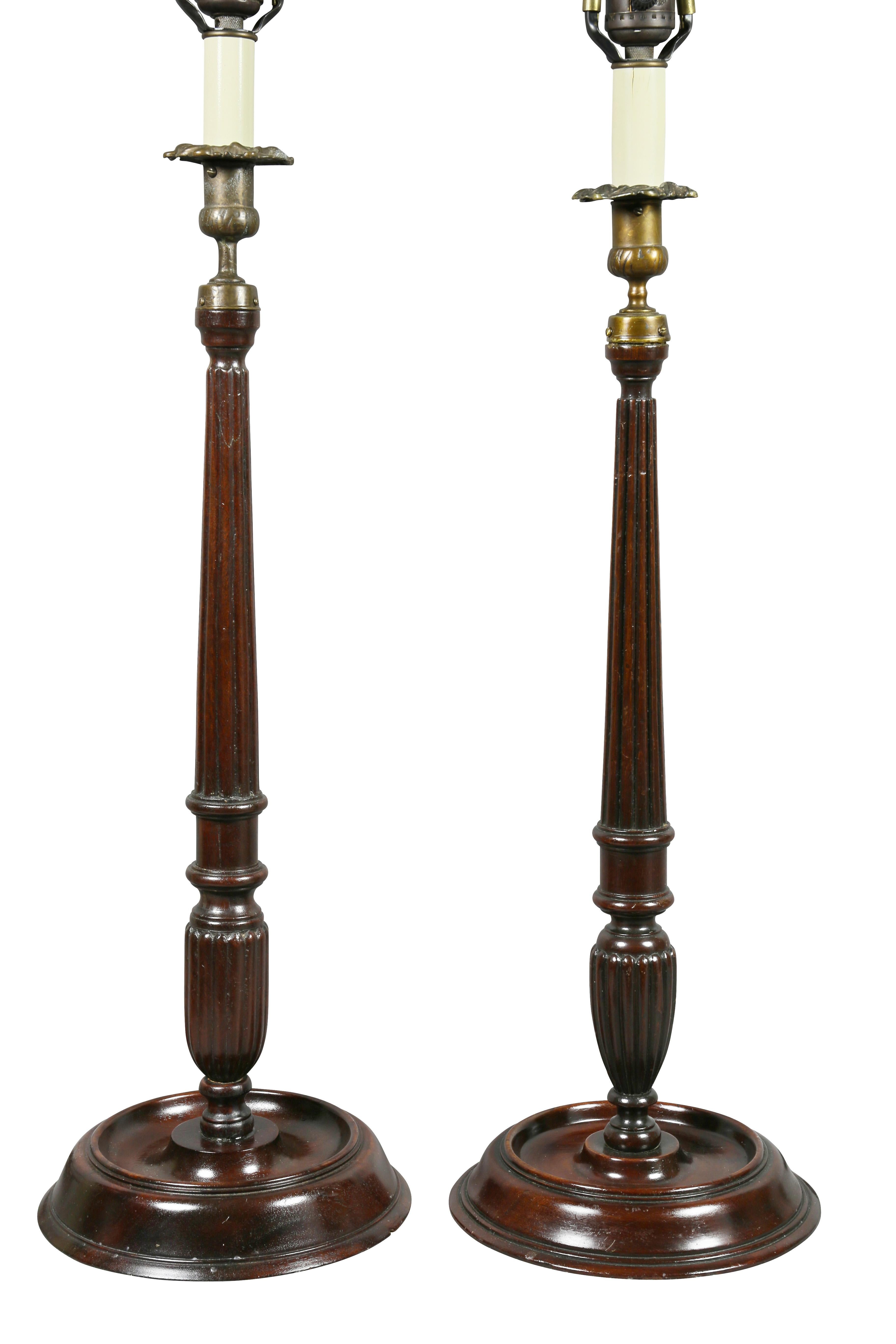 Pair of English Mahogany Candlestick Lamps In Good Condition In Essex, MA
