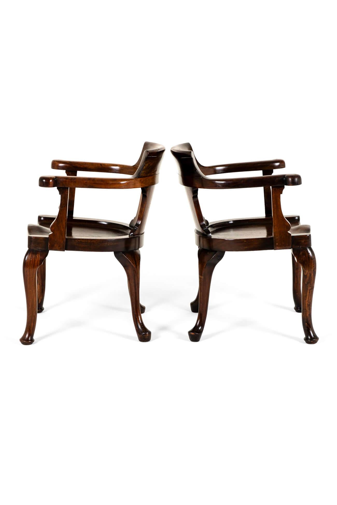 Hand-Crafted Pair of English Mahogany Captains Smokers Bow Armchairs For Sale