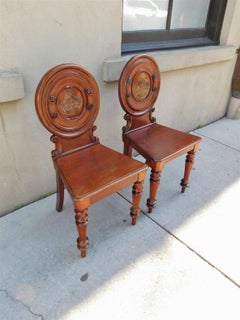 Pair of English Mahogany Crown Medallion Hall Chairs with Turned Legs, C. 1840