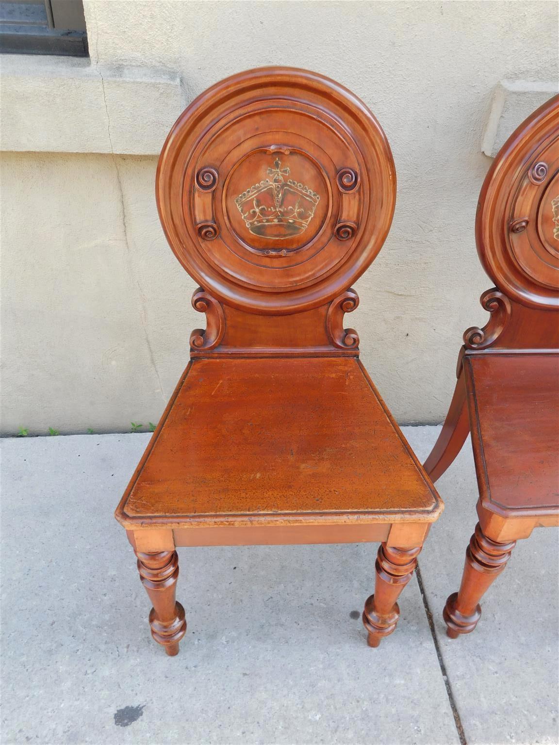 Hand-Carved Pair of English Mahogany Crown Medallion Hall Chairs with Turned Legs, C. 1840 For Sale