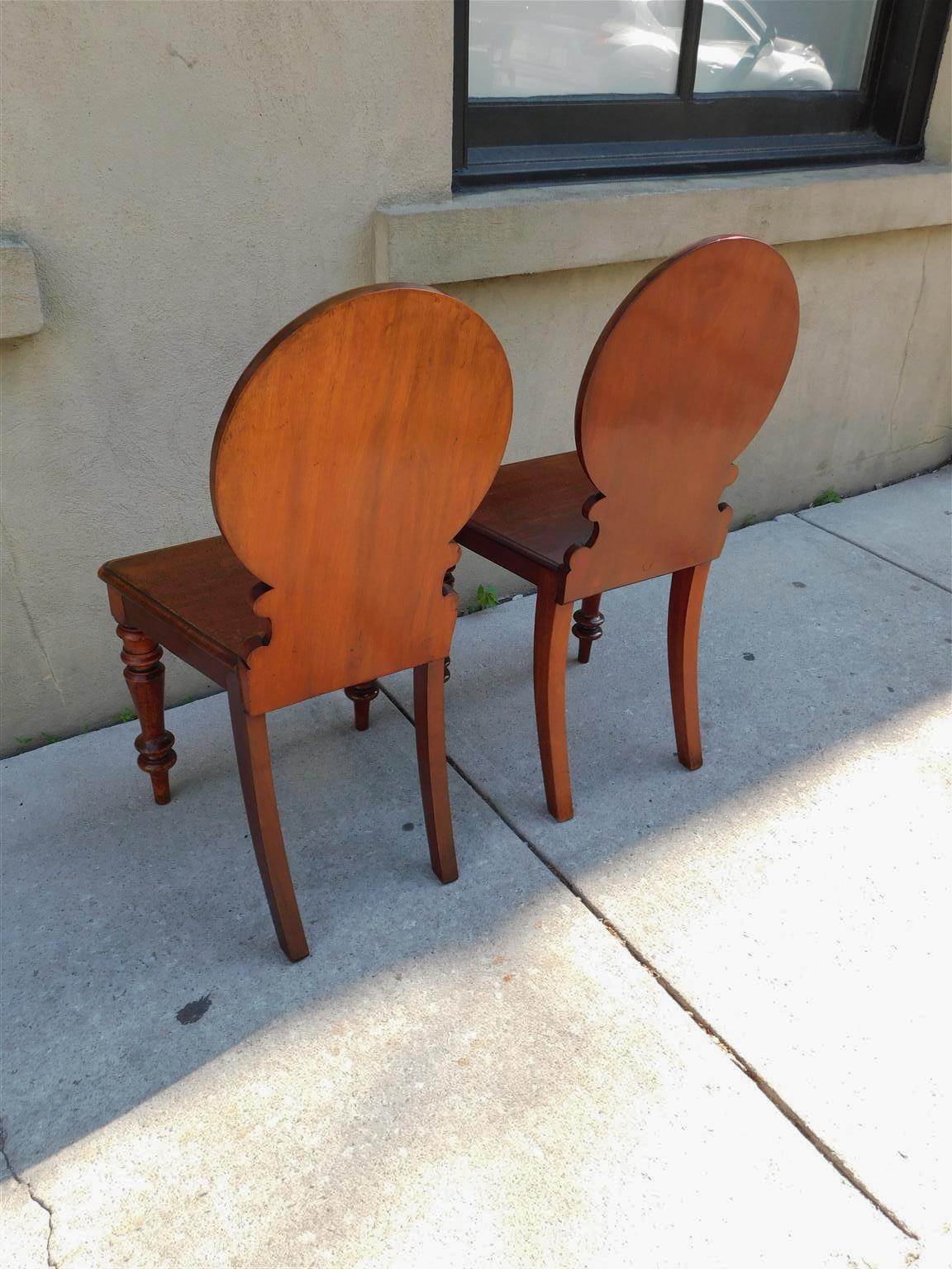 Pair of English Mahogany Crown Medallion Hall Chairs with Turned Legs, C. 1840 For Sale 1