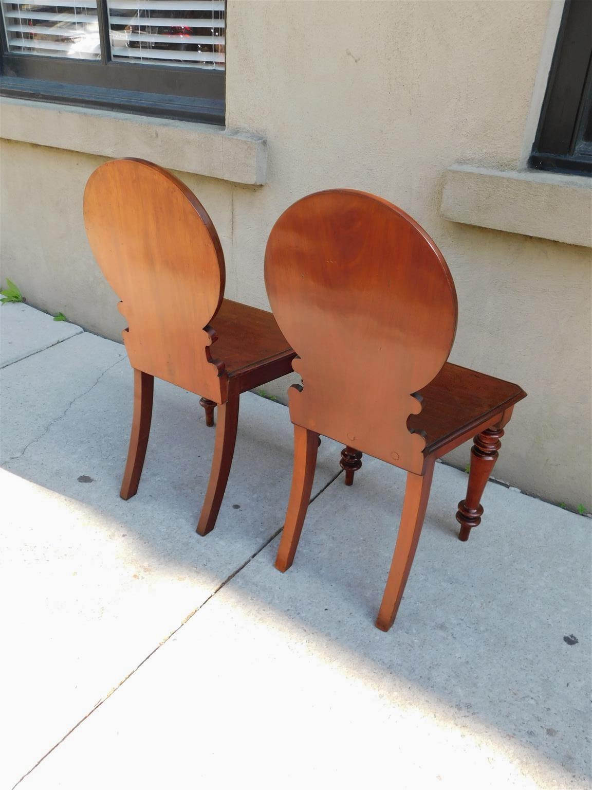 Pair of English Mahogany Crown Medallion Hall Chairs with Turned Legs, C. 1840 For Sale 2