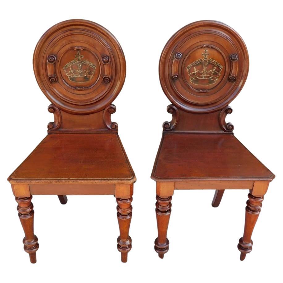 Pair of English Mahogany Crown Medallion Hall Chairs with Turned Legs, C. 1840 For Sale