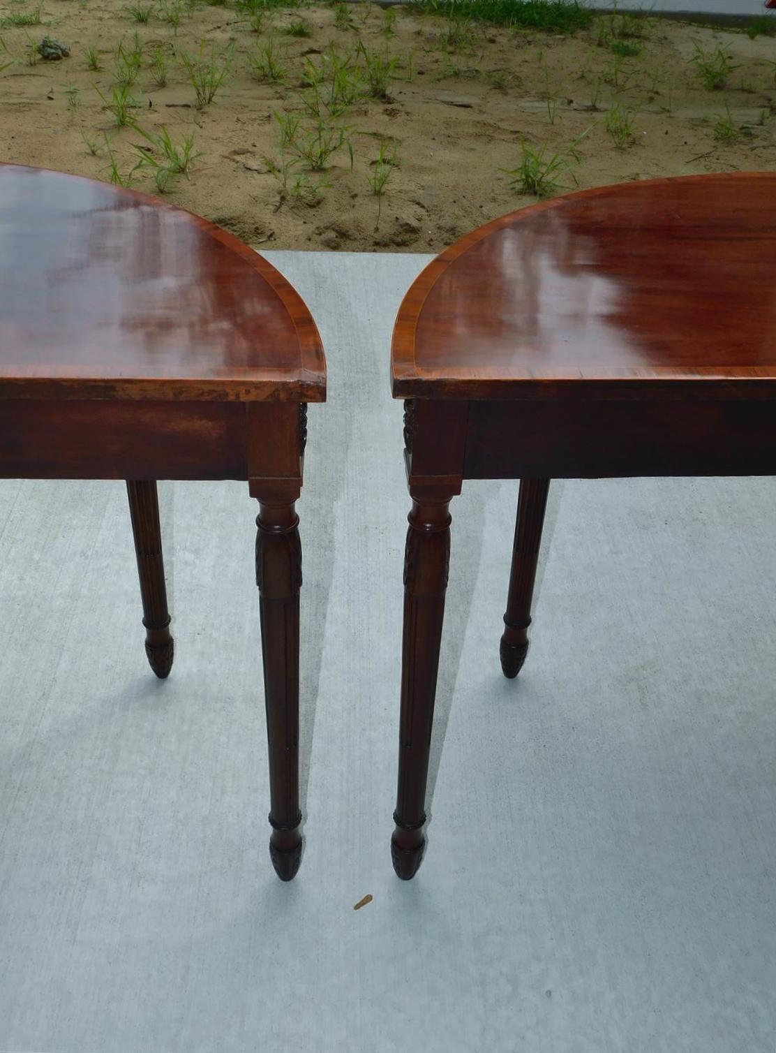 Pair of English Mahogany Demi-lune Consoles w/ Tulip Wood Cross Banding, C. 1780 For Sale 9