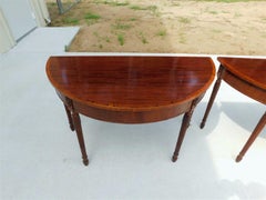 Pair of English Mahogany Demi-lune Consoles w/ Tulip Wood Cross Banding, C. 1780
