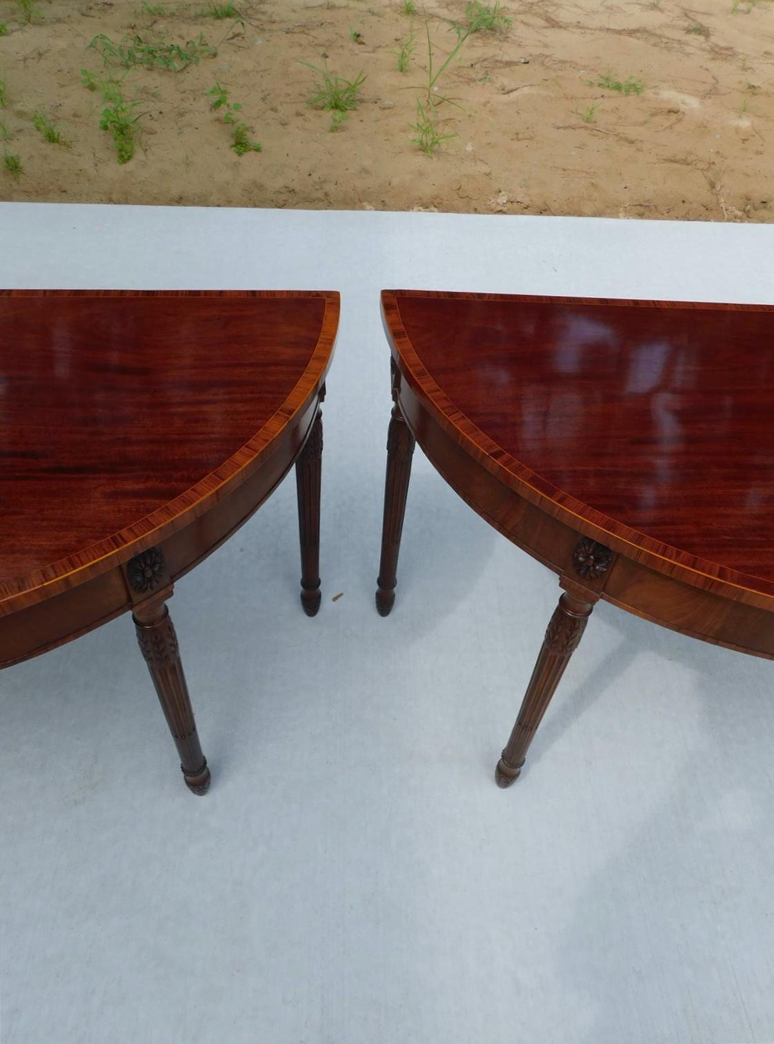 Pair of English Mahogany Demi-lune Consoles w/ Tulip Wood Cross Banding, C. 1780 For Sale 1