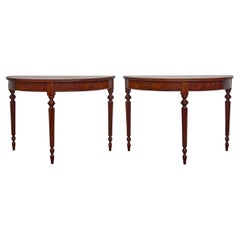 Pair of English Mahogany Demilune Console Tables with Fluted Legs, 19th Century