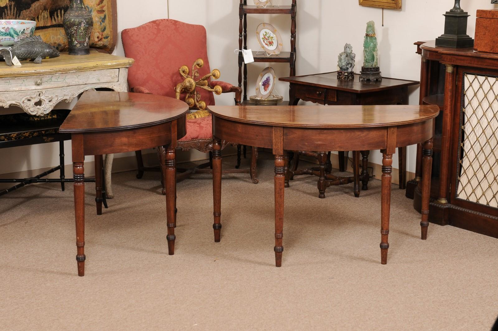  Pair of English Mahogany Demilune Console Tables with Turned Legs For Sale 6