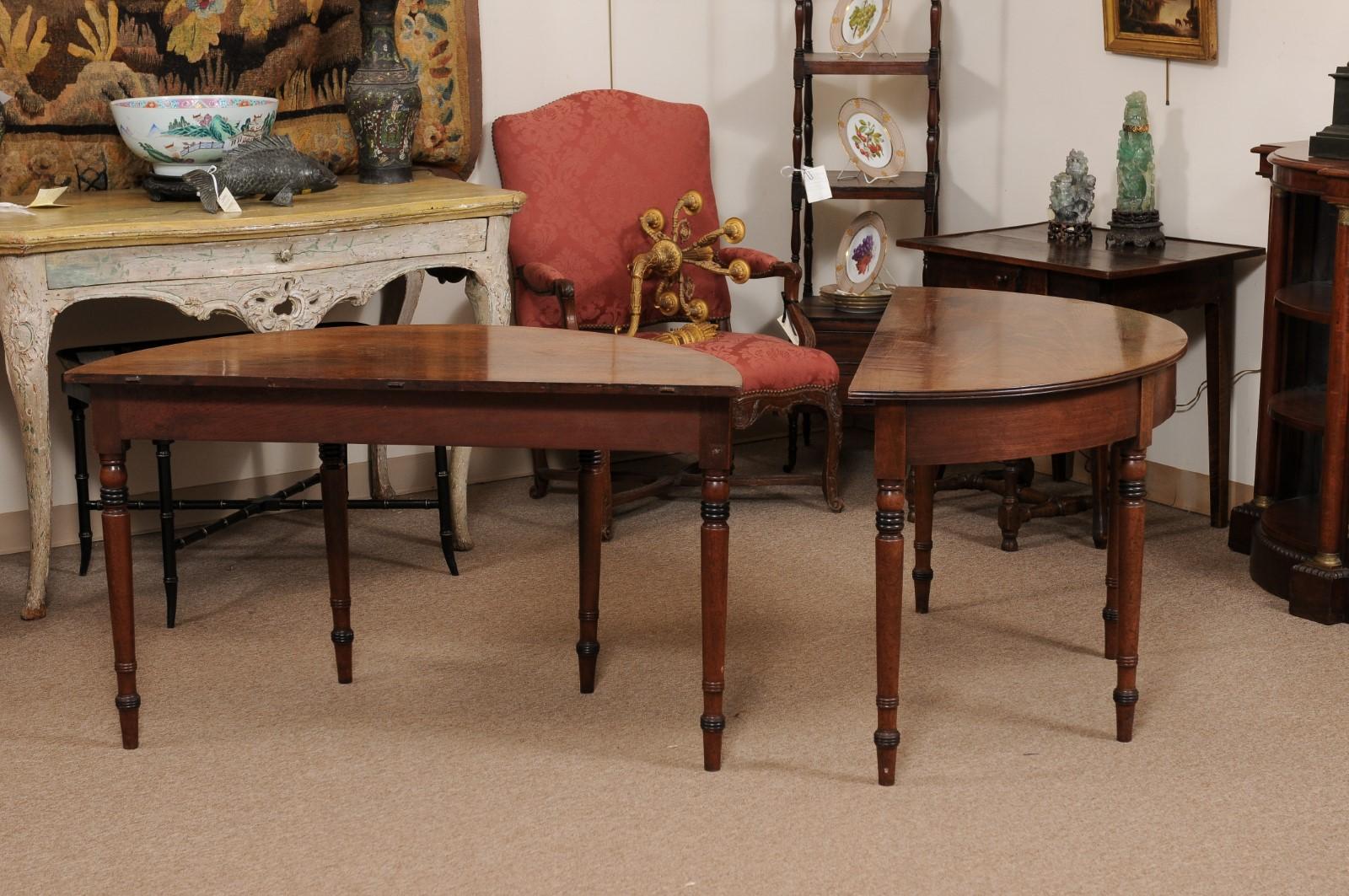 Pair of English Mahogany Demilune Console Tables with Turned Legs, 19th Century