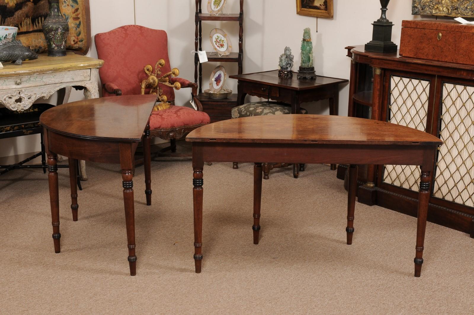  Pair of English Mahogany Demilune Console Tables with Turned Legs For Sale 1