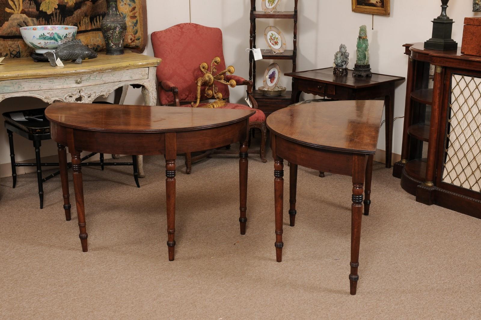  Pair of English Mahogany Demilune Console Tables with Turned Legs For Sale 2