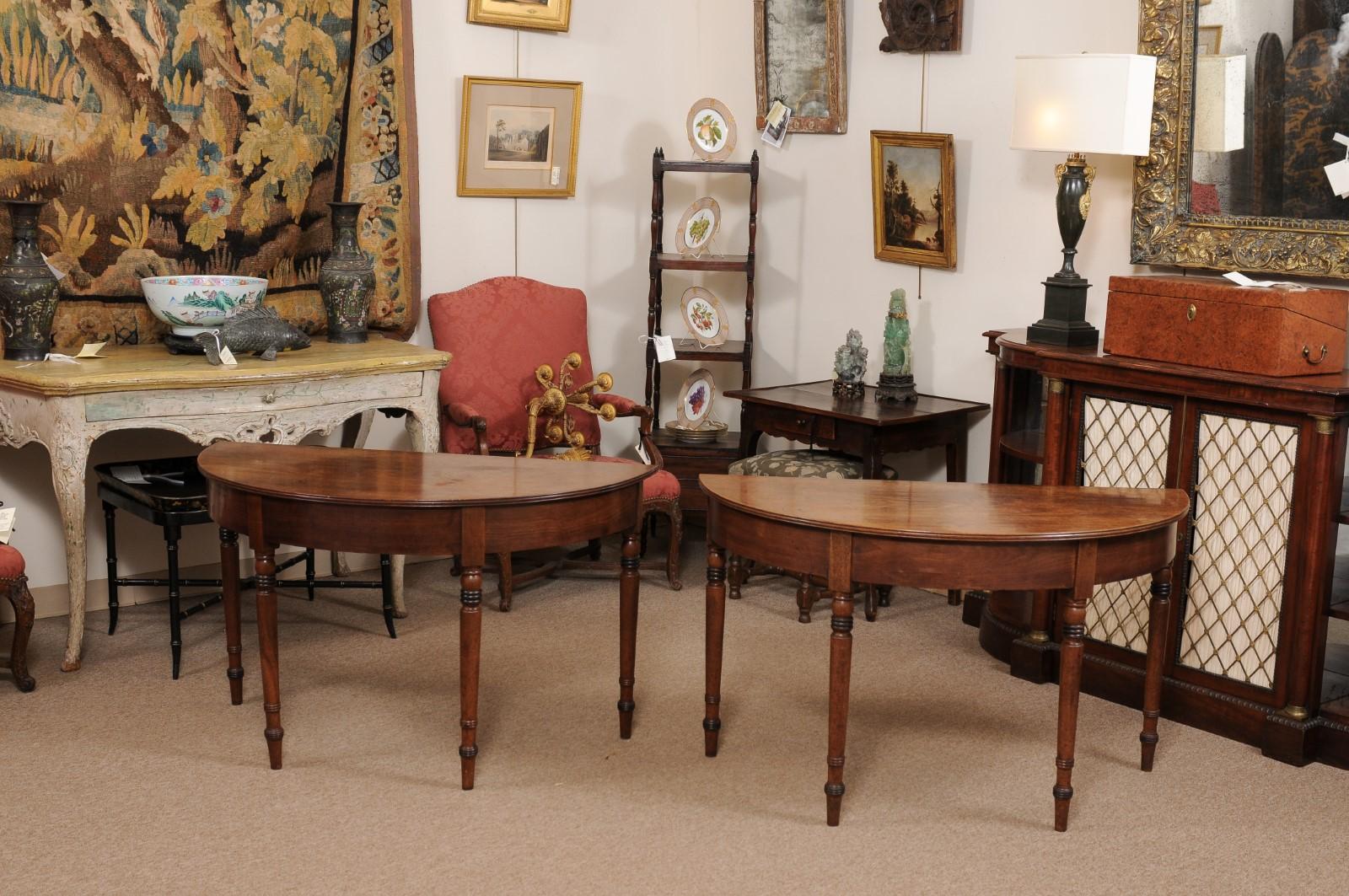  Pair of English Mahogany Demilune Console Tables with Turned Legs For Sale 3