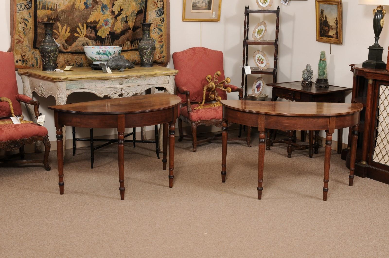  Pair of English Mahogany Demilune Console Tables with Turned Legs For Sale 4