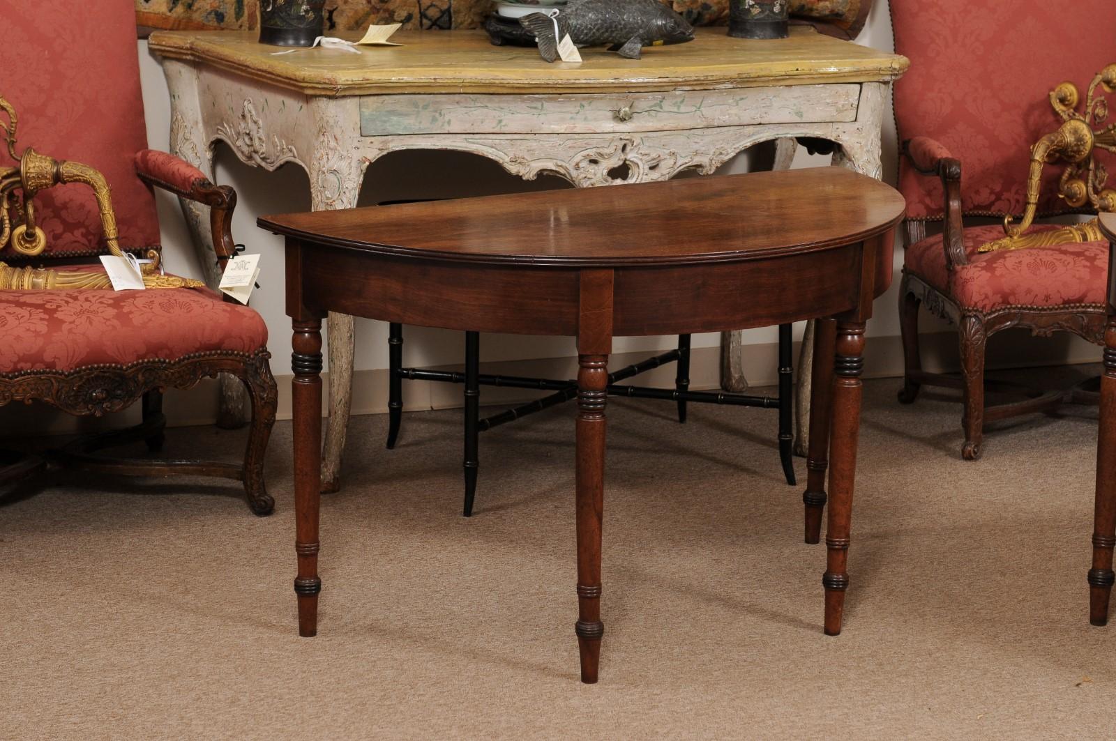  Pair of English Mahogany Demilune Console Tables with Turned Legs For Sale 5