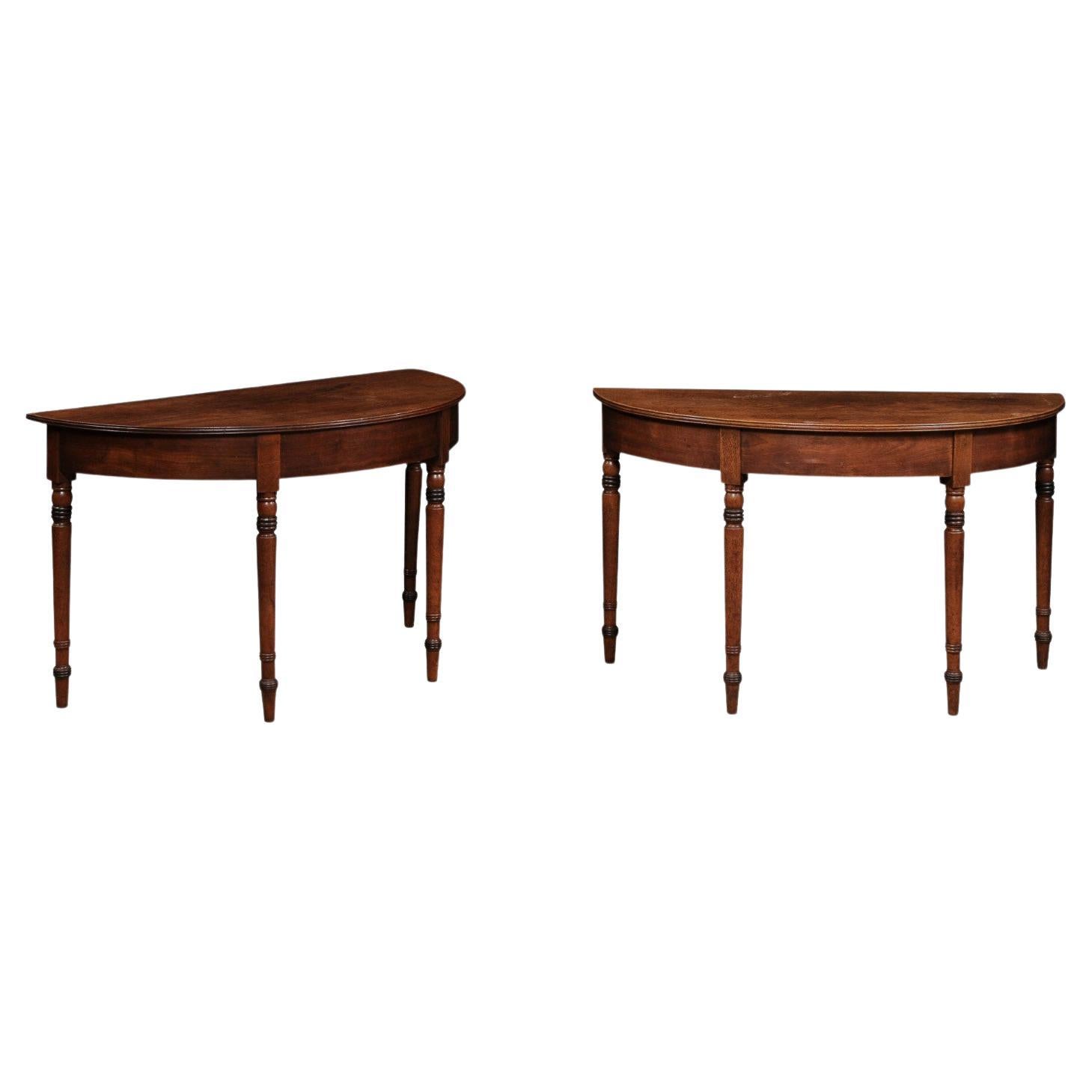  Pair of English Mahogany Demilune Console Tables with Turned Legs For Sale