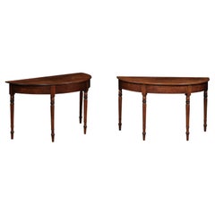 Antique  Pair of English Mahogany Demilune Console Tables with Turned Legs