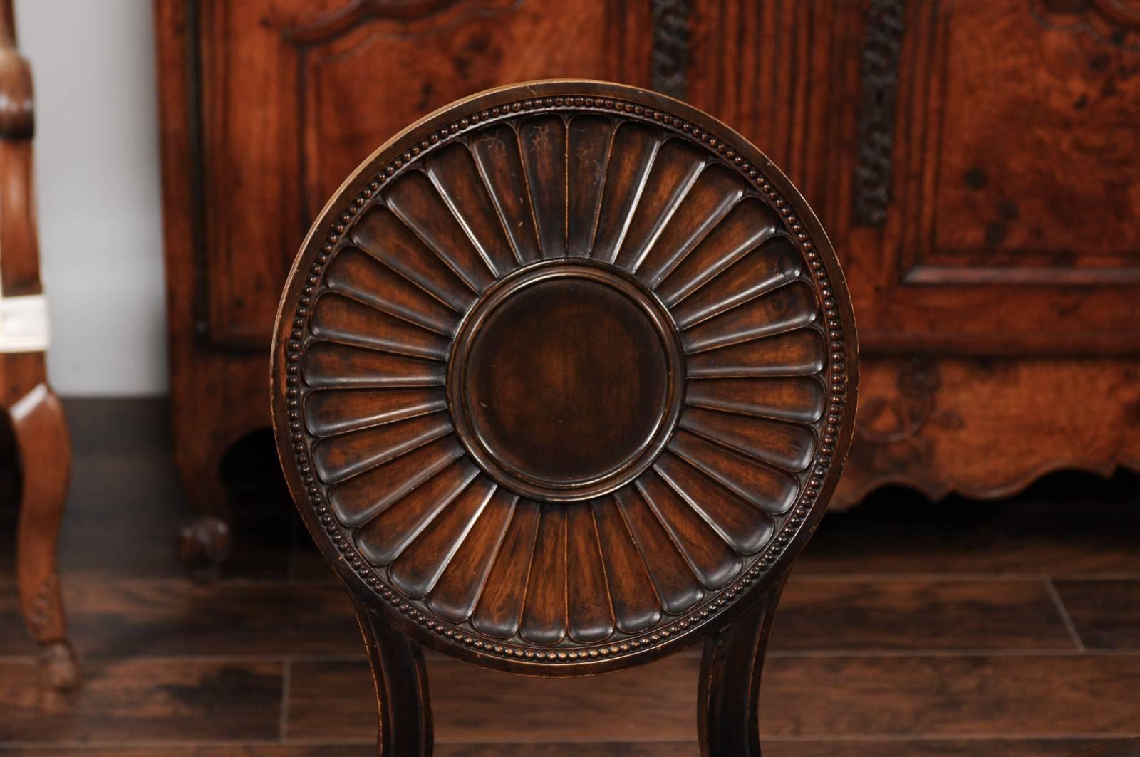 19th Century Pair of English Mahogany Hall Chairs, circa 1860 with Carved Round Backs