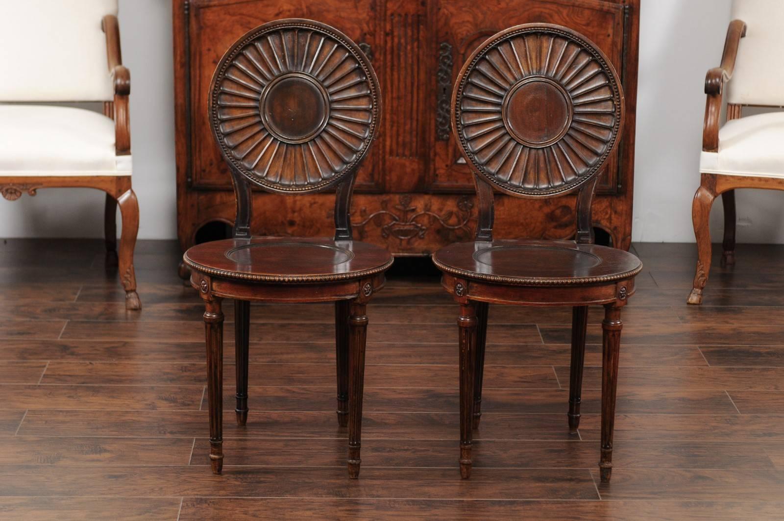 Pair of English Mahogany Hall Chairs, circa 1860 with Carved Round Backs 1