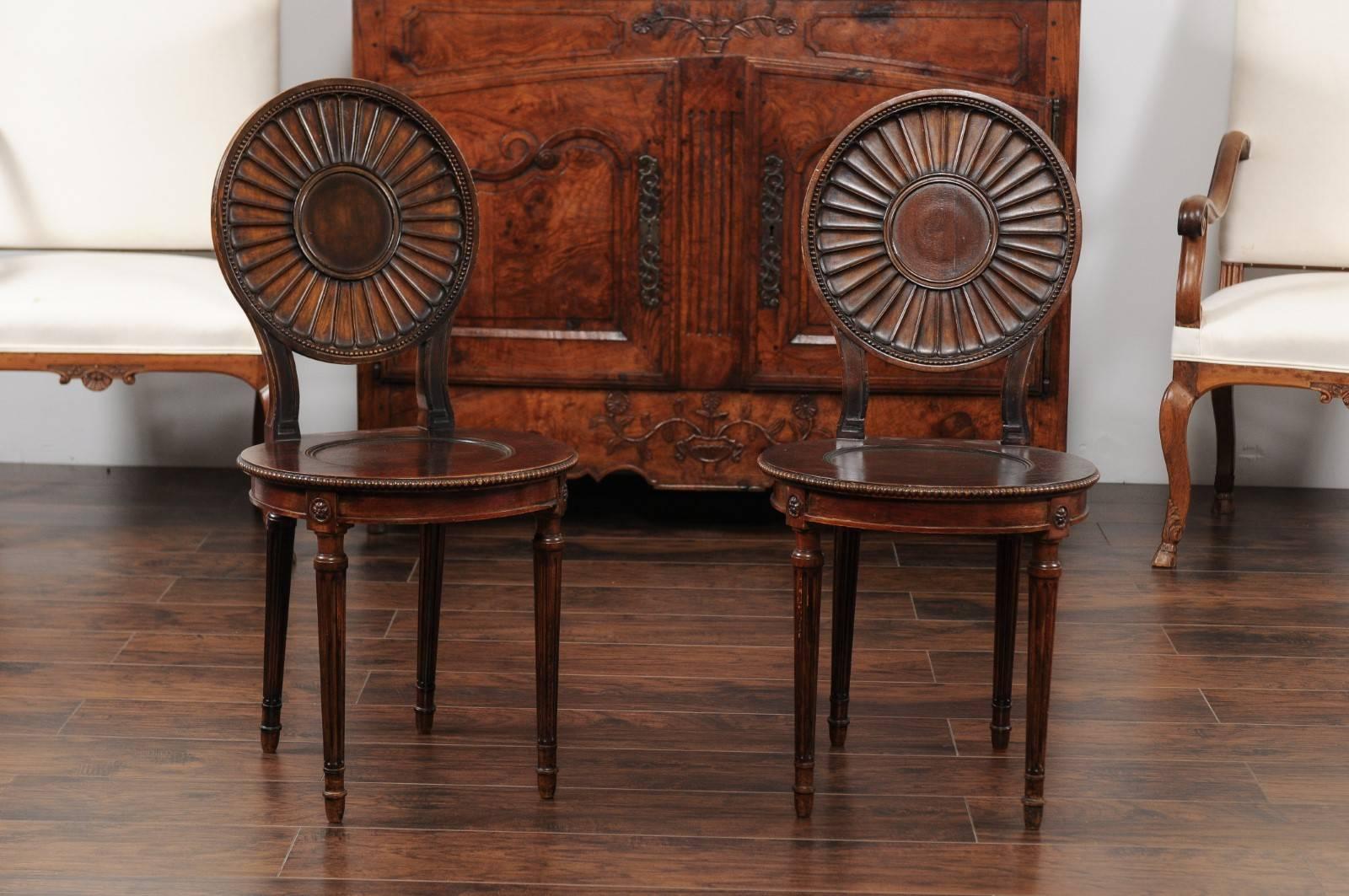 Pair of English Mahogany Hall Chairs, circa 1860 with Carved Round Backs 3