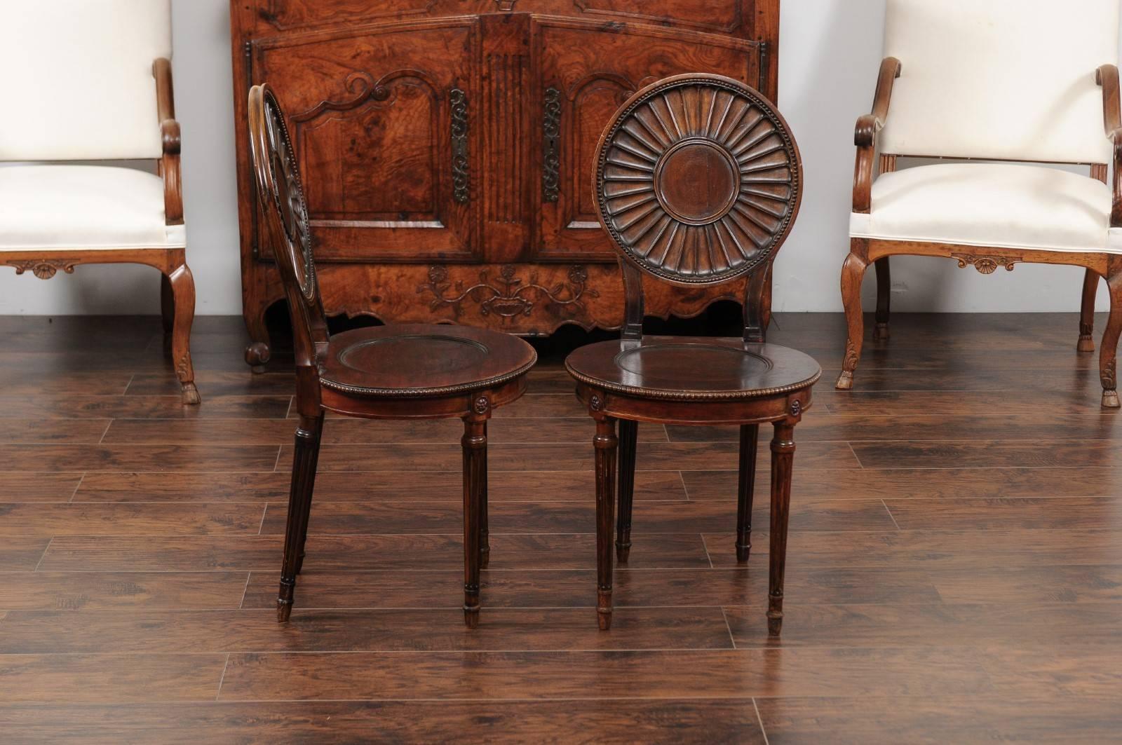 Pair of English Mahogany Hall Chairs, circa 1860 with Carved Round Backs 5