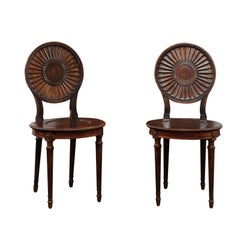 Pair of English Mahogany Hall Chairs, circa 1860 with Carved Round Backs