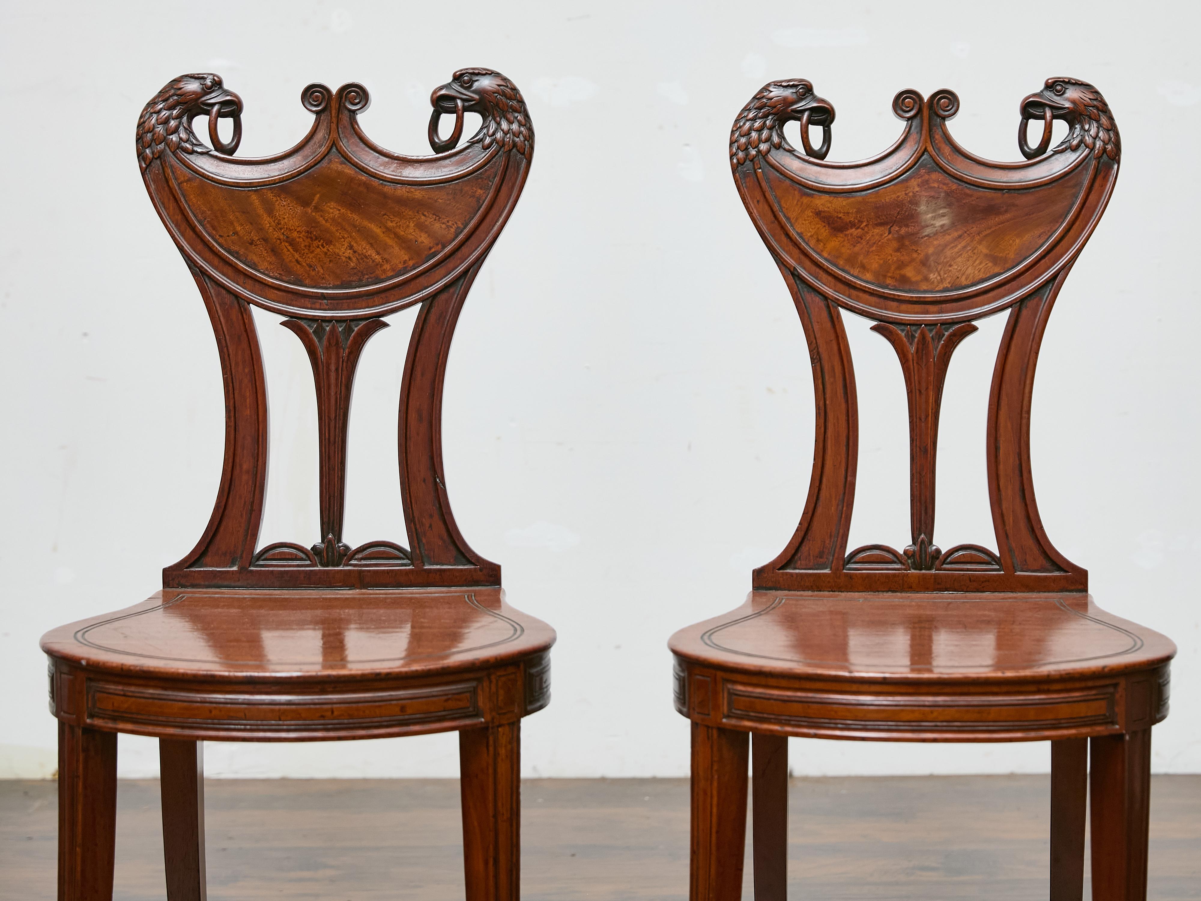 Pair of English Mahogany Hall Chairs with Carved Eagle Heads, 19th Century In Good Condition For Sale In Atlanta, GA