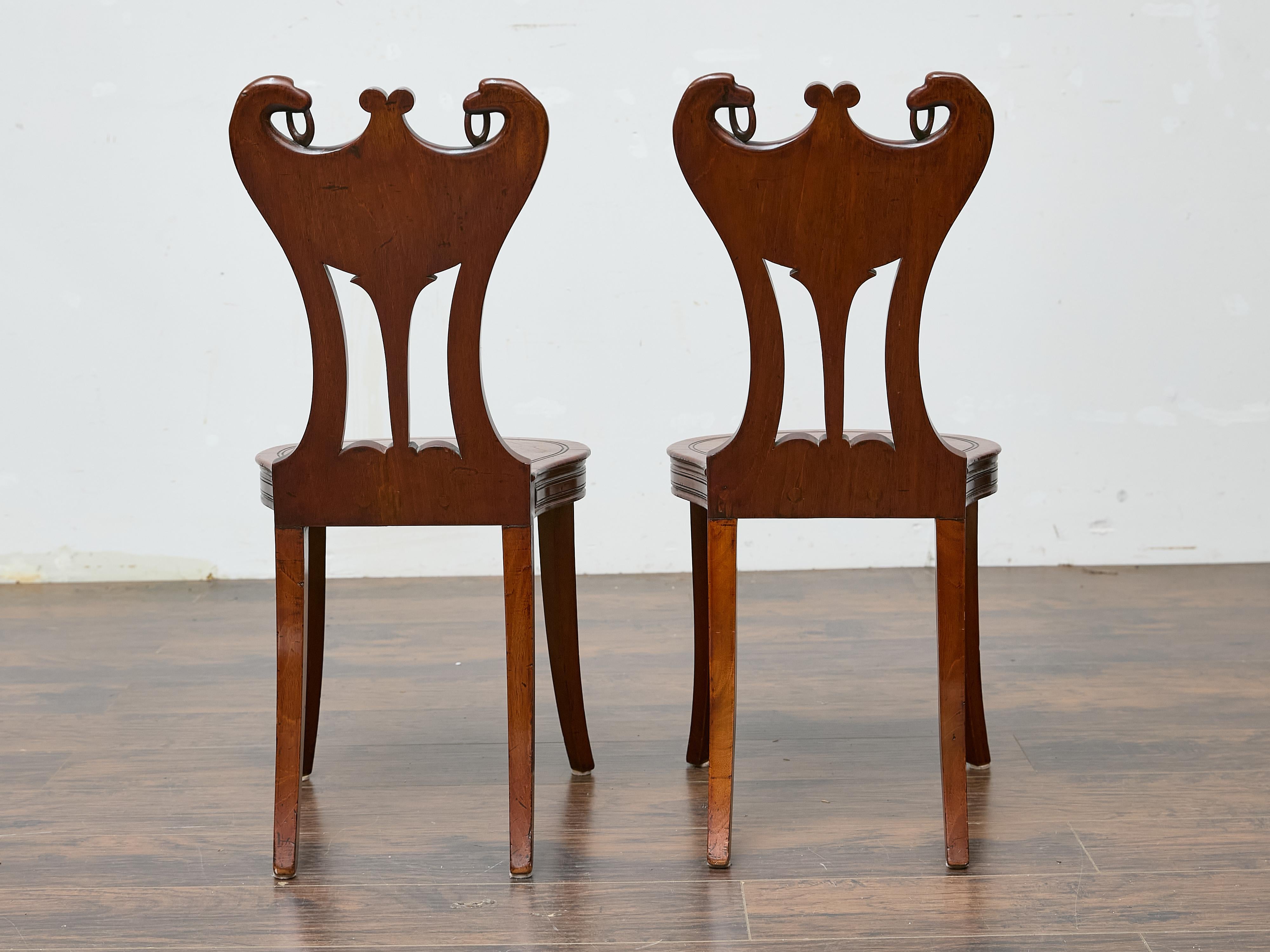 Pair of English Mahogany Hall Chairs with Carved Eagle Heads, 19th Century For Sale 4