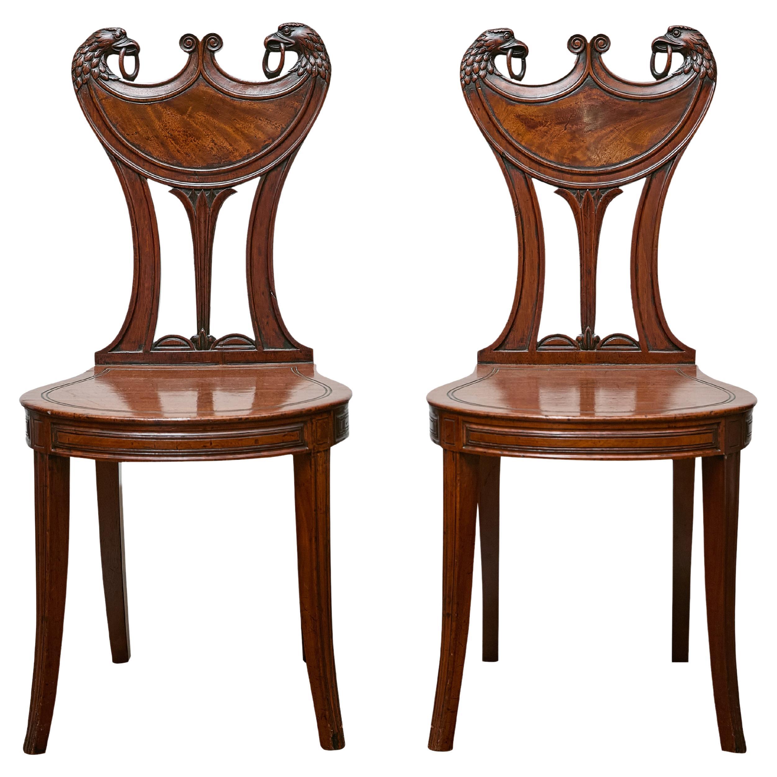 Pair of English Mahogany Hall Chairs with Carved Eagle Heads, 19th Century For Sale
