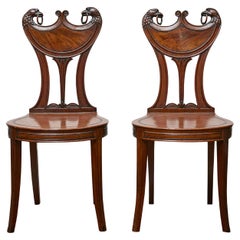Pair of English Mahogany Hall Chairs with Carved Eagle Heads, 19th Century