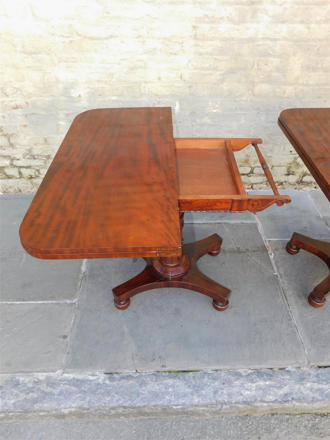 Pair of English Mahogany Pedestal Hinged Game Tables on Brass Casters, C. 1820 For Sale 4