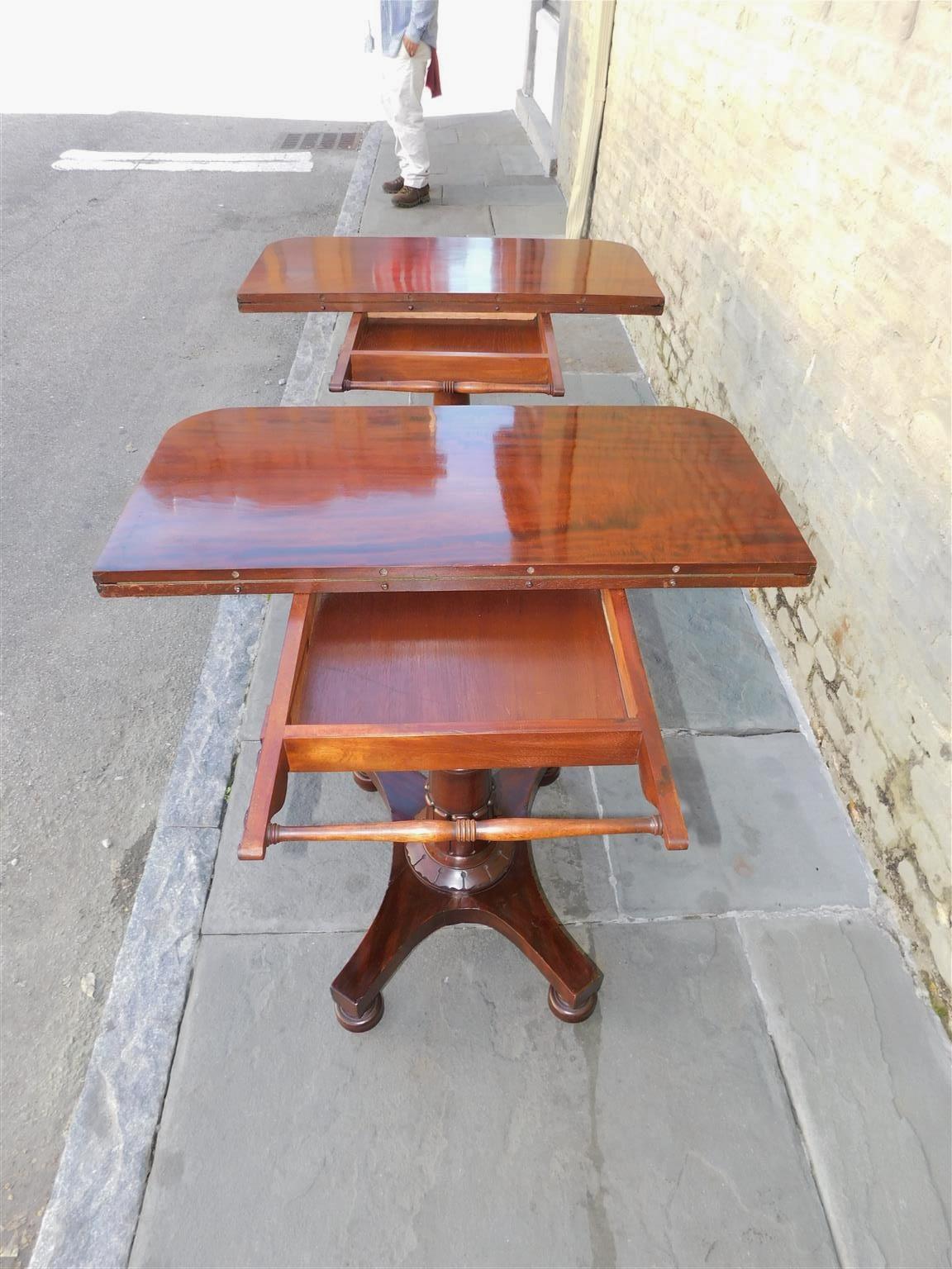 Pair of English Mahogany Pedestal Hinged Game Tables on Brass Casters, C. 1820 For Sale 5