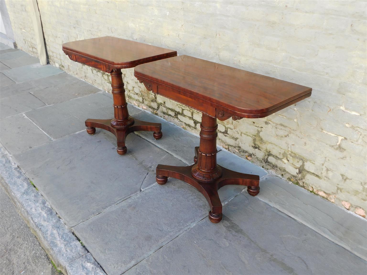 William IV Pair of English Mahogany Pedestal Hinged Game Tables on Brass Casters, C. 1820 For Sale