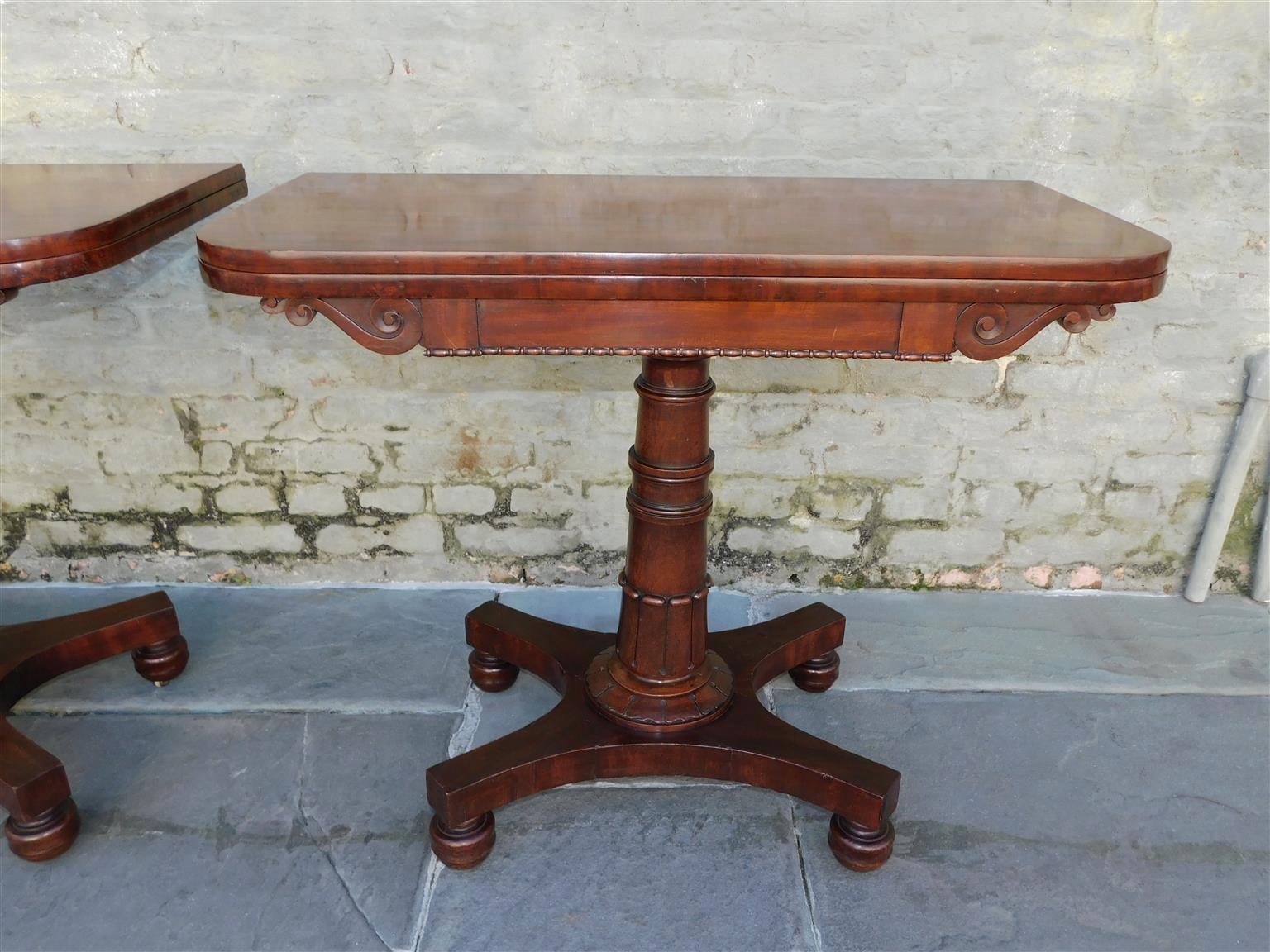 Pair of English Mahogany Pedestal Hinged Game Tables on Brass Casters, C. 1820 In Excellent Condition For Sale In Hollywood, SC
