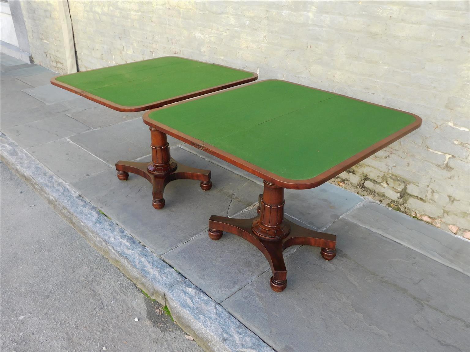 Pair of English Mahogany Pedestal Hinged Game Tables on Brass Casters, C. 1820 For Sale 2
