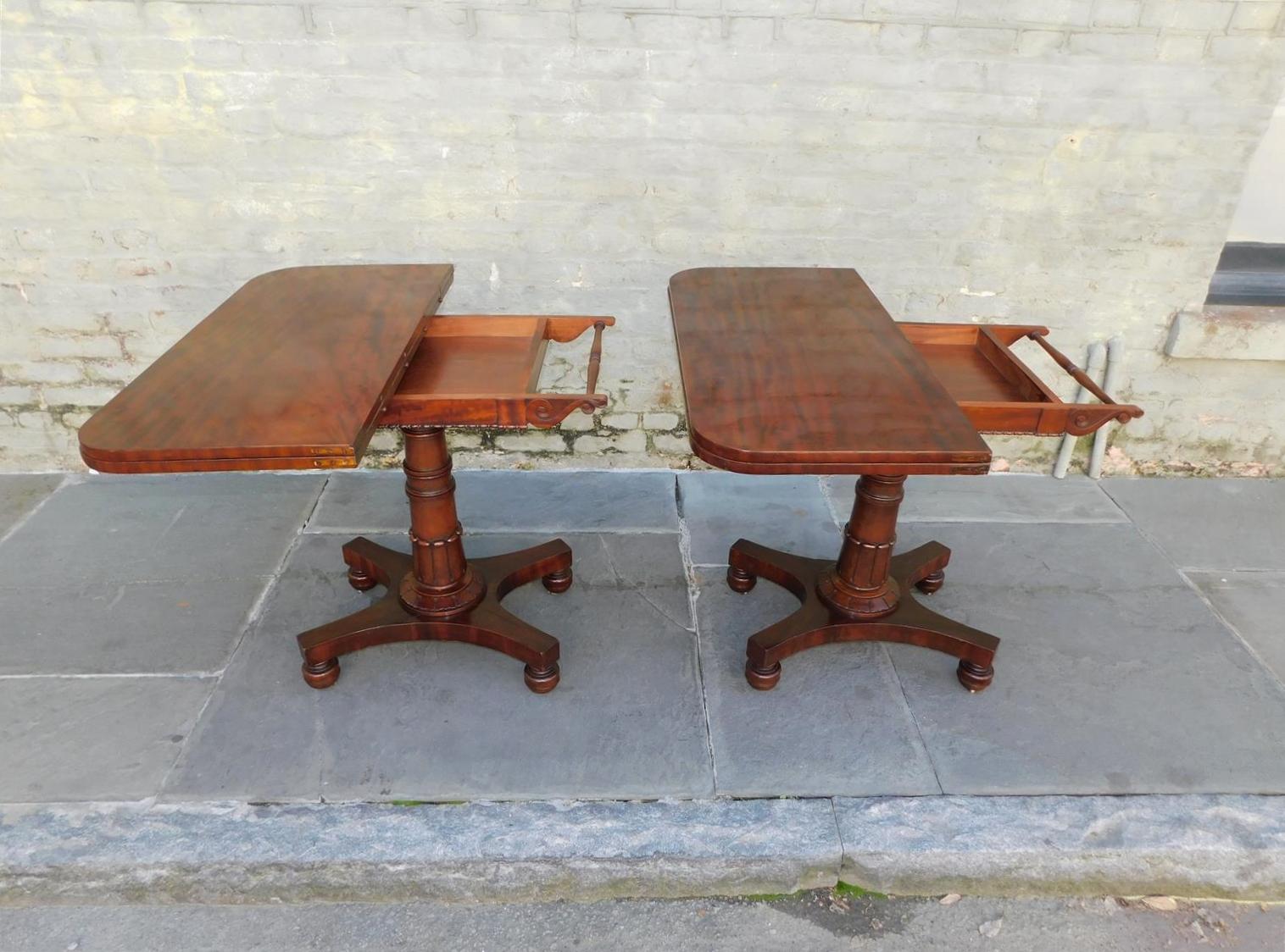 Pair of English Mahogany Pedestal Hinged Game Tables on Brass Casters, C. 1820 For Sale 3