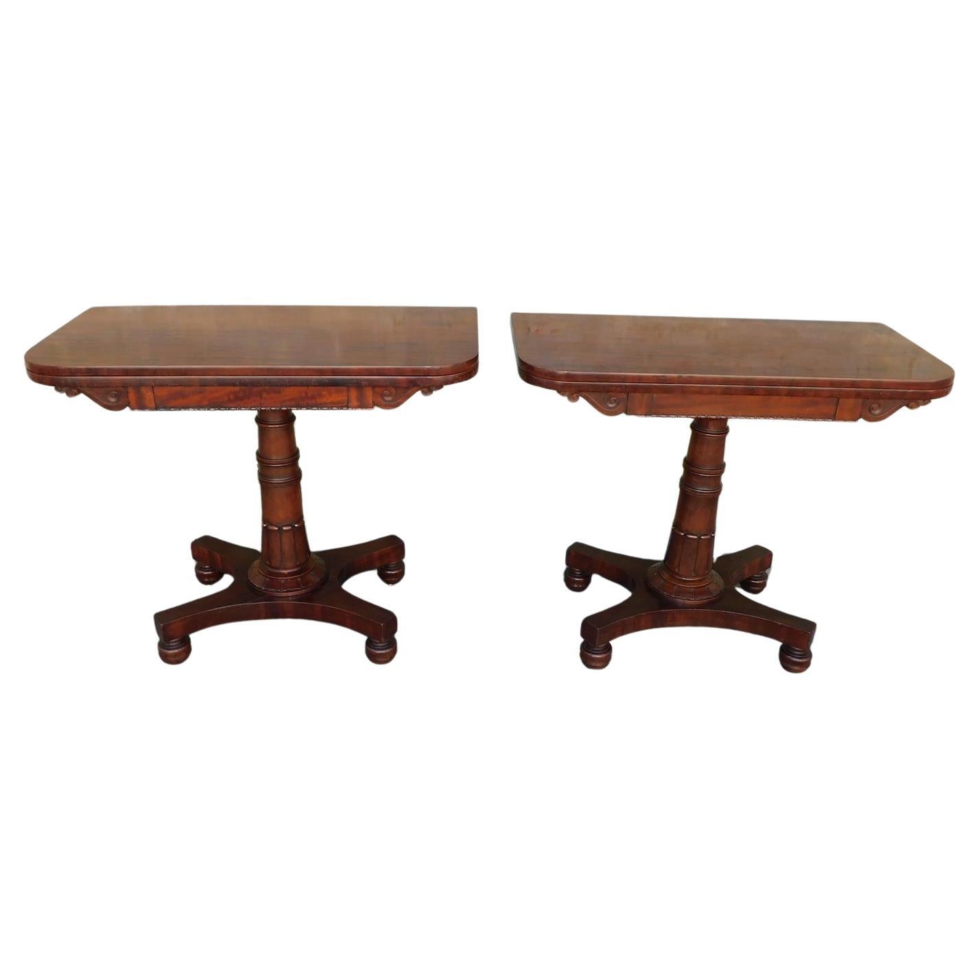 Pair of English Mahogany Pedestal Hinged Game Tables on Brass Casters, C. 1820 For Sale