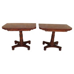 Antique Pair of English Mahogany Pedestal Hinged Game Tables on Brass Casters, C. 1820