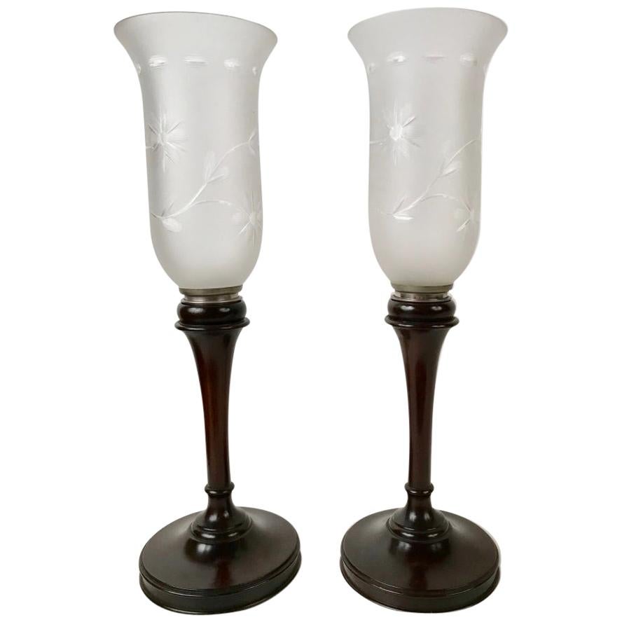 Pair of English Mahogany Photophores with Etched Glass Shades
