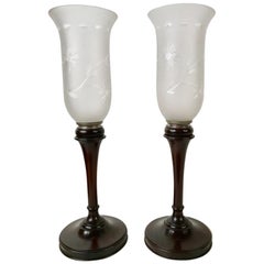 Antique Pair of English Mahogany Photophores with Etched Glass Shades