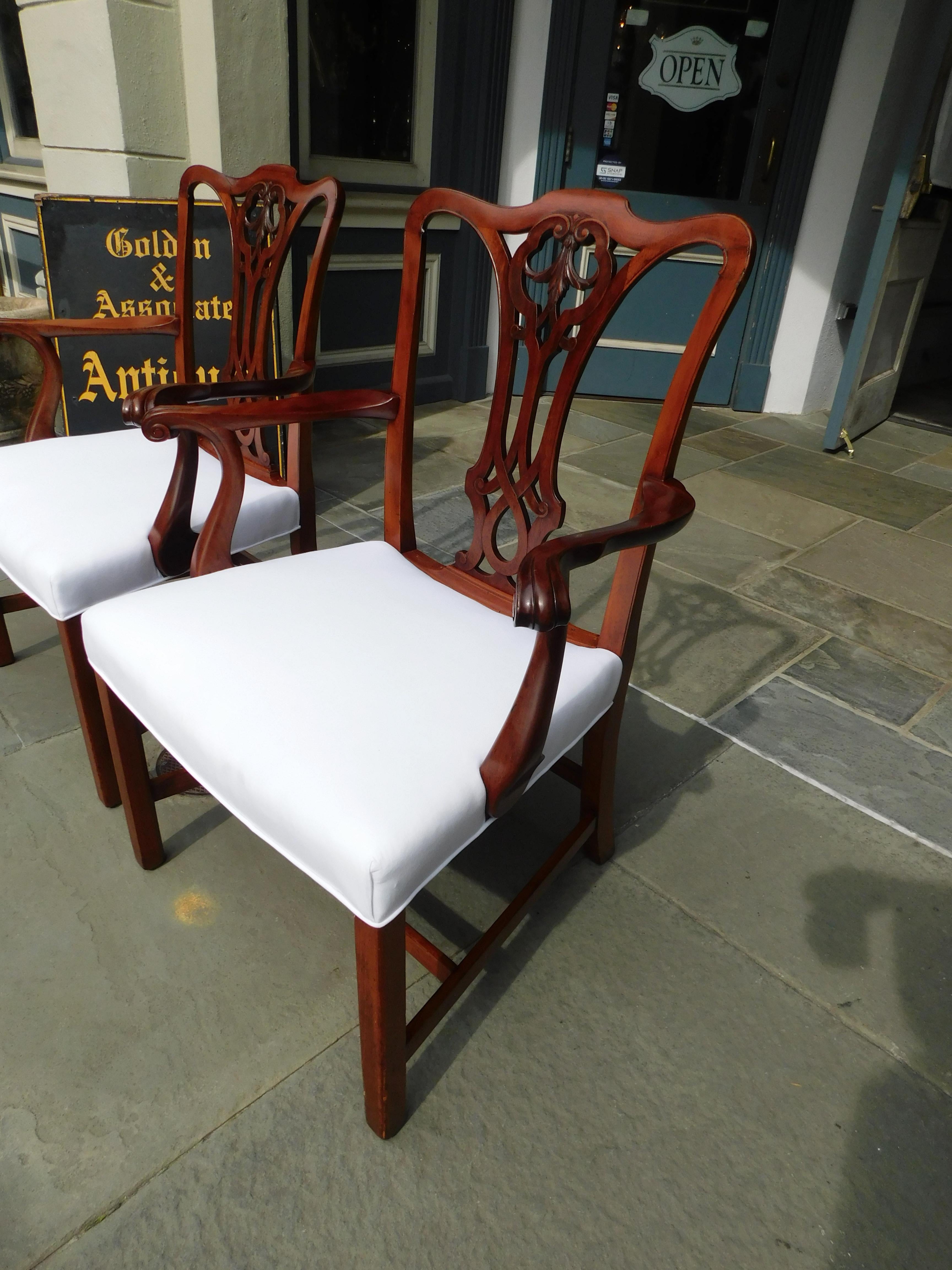 Pair of English Mahogany Serpentine Crest Arm Chairs with Saddle Seats, C. 1820 For Sale 3