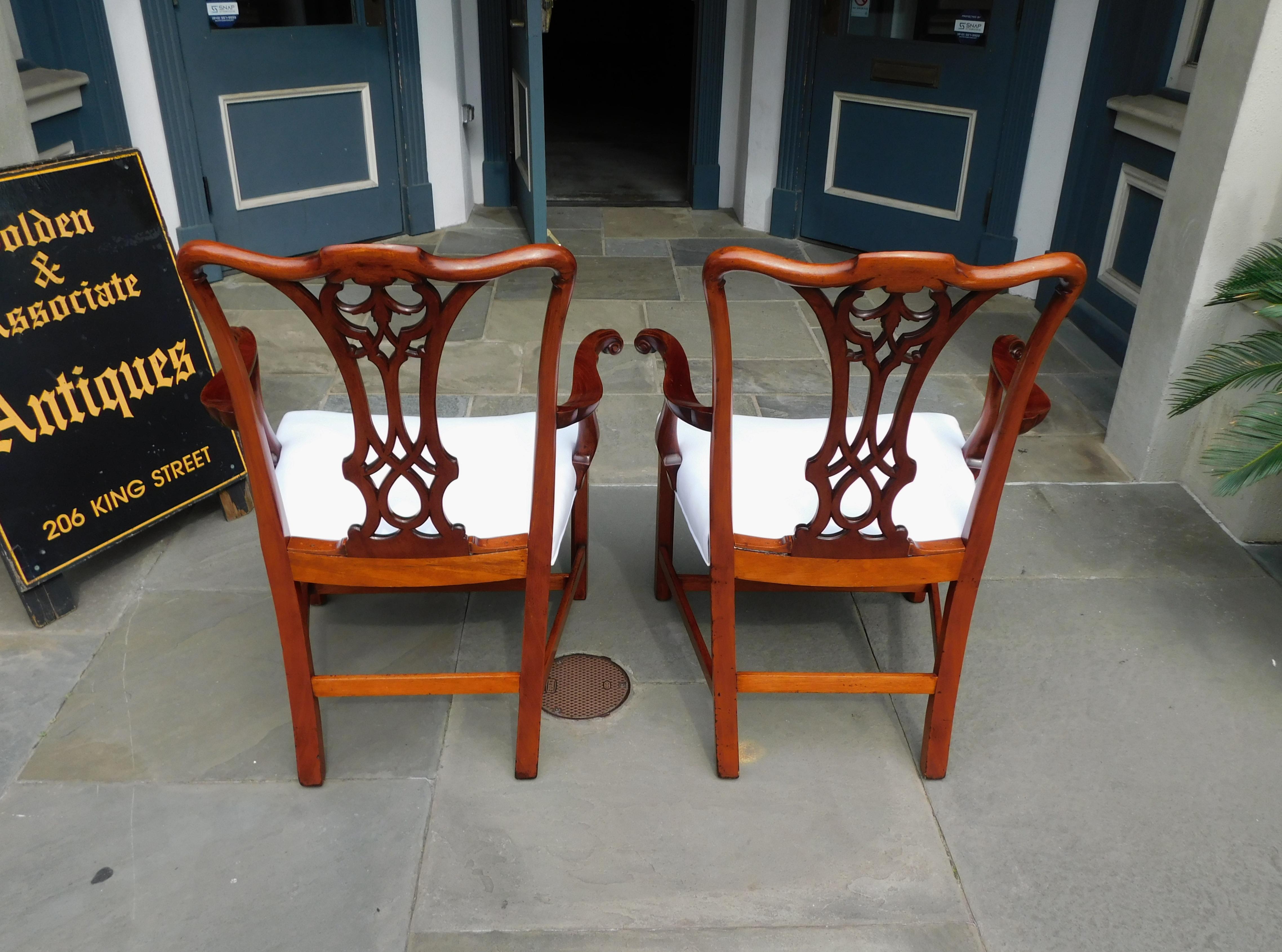 Pair of English Mahogany Serpentine Crest Arm Chairs with Saddle Seats, C. 1820 For Sale 8