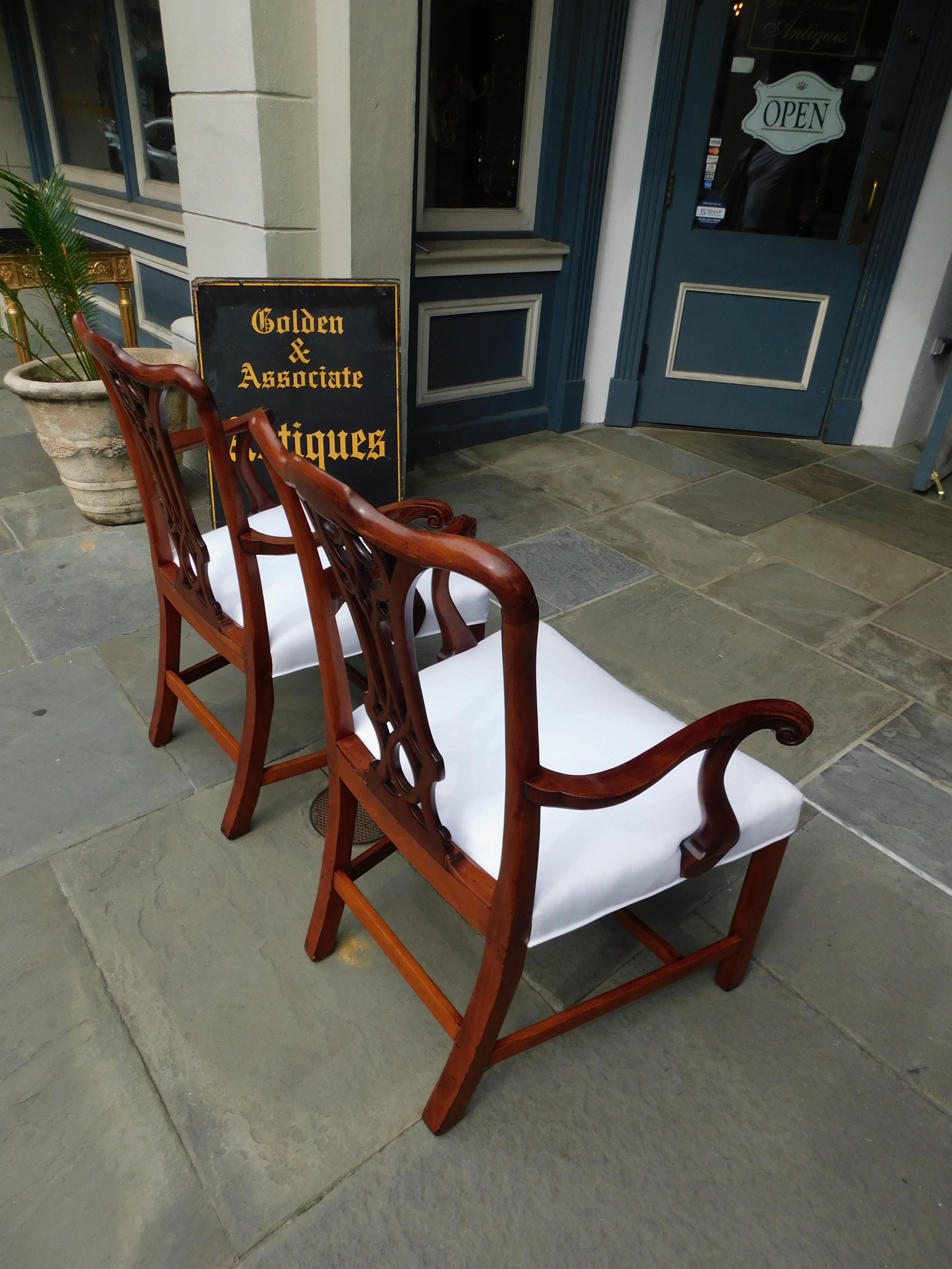 Pair of English Mahogany Serpentine Crest Arm Chairs with Saddle Seats, C. 1820 For Sale 10