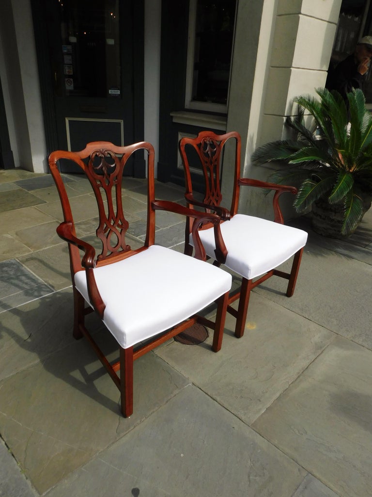 Pair of English Mahogany Serpentine Crest Arm Chairs with Saddle Seats ...