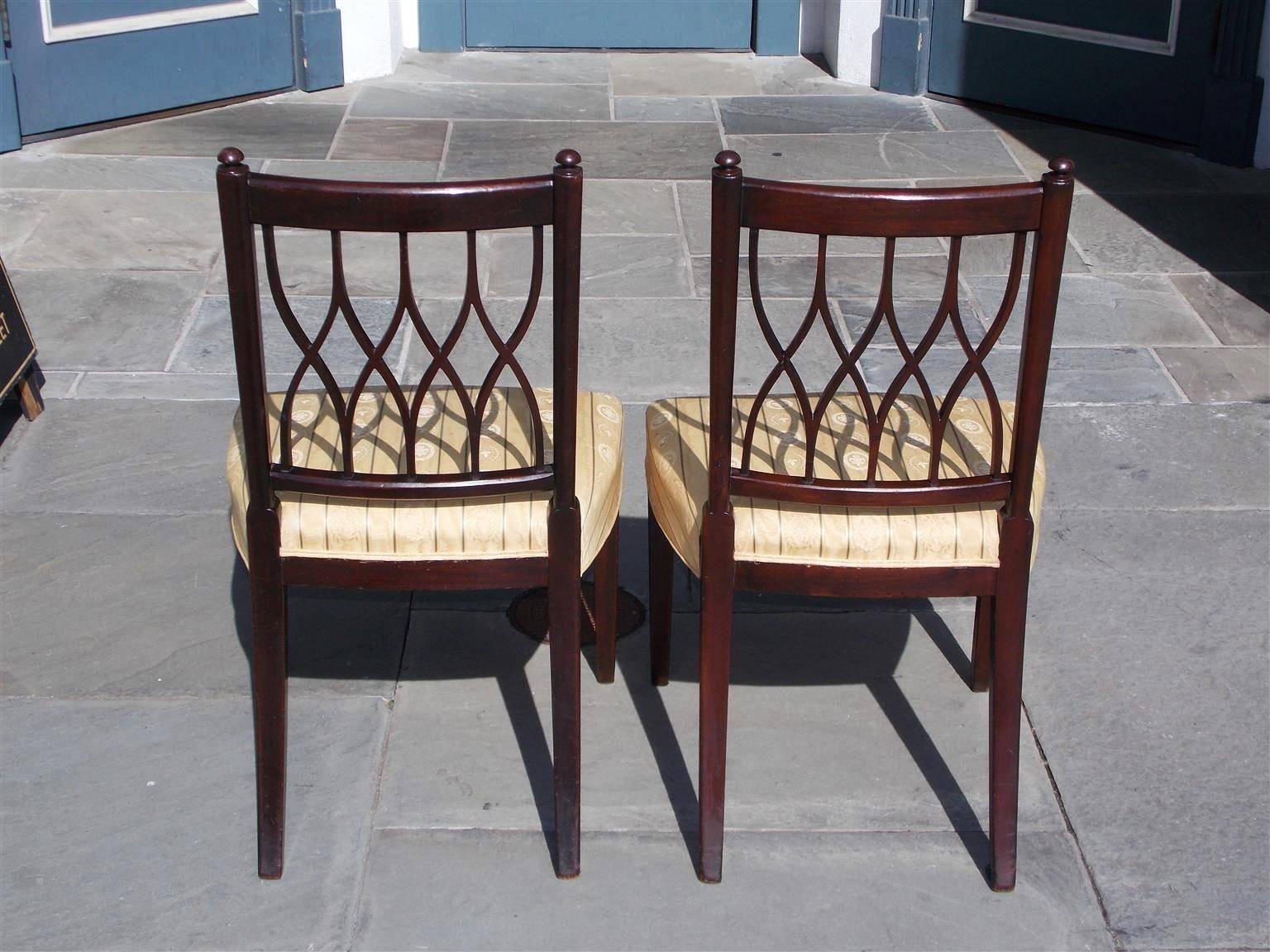 Pair of English Mahogany Sheraton Reeded and Upholstered Side Chairs, Circa 1800 2