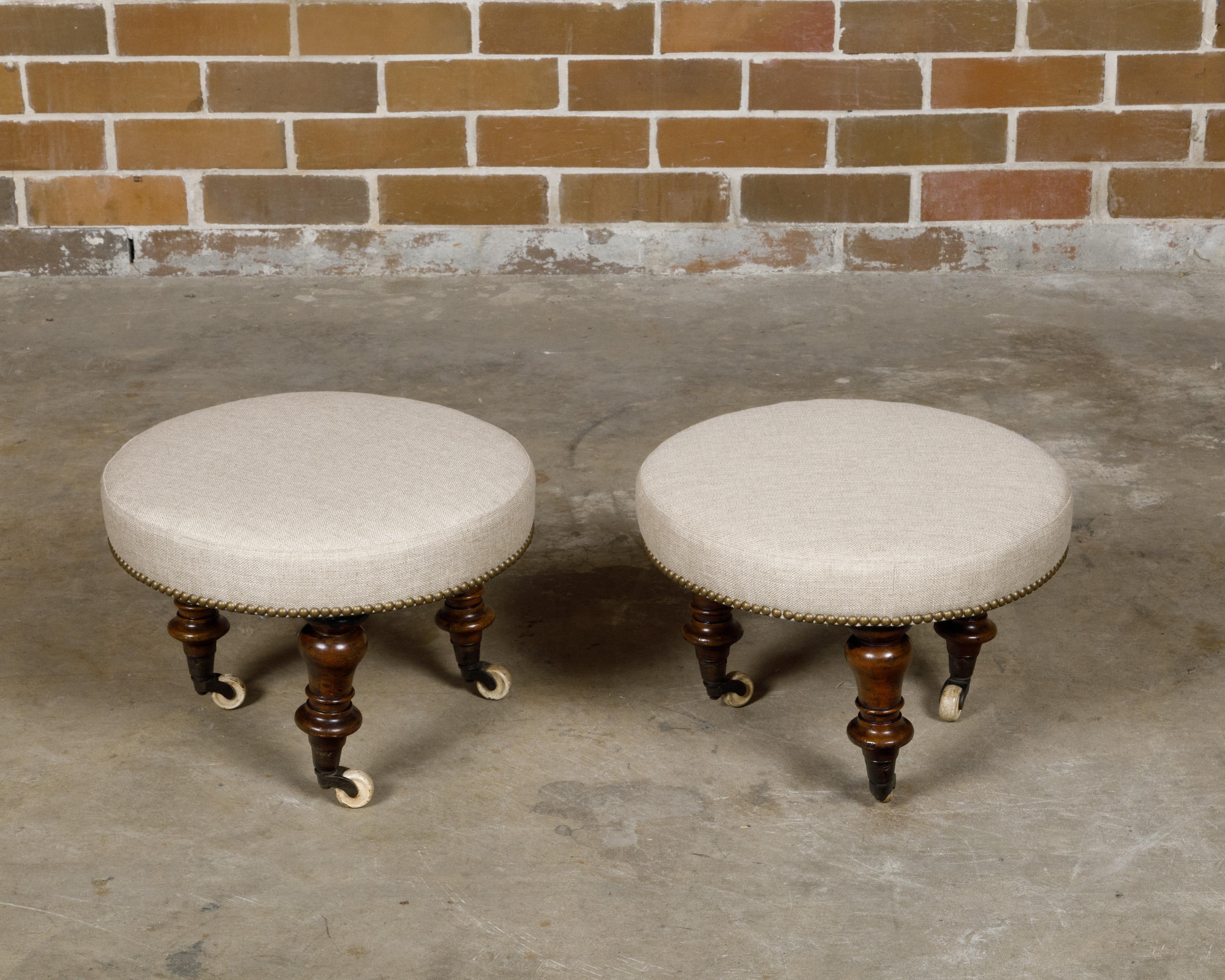 Pair of English Mahogany Stools with 19th Century Turned Legs on Casters For Sale 6
