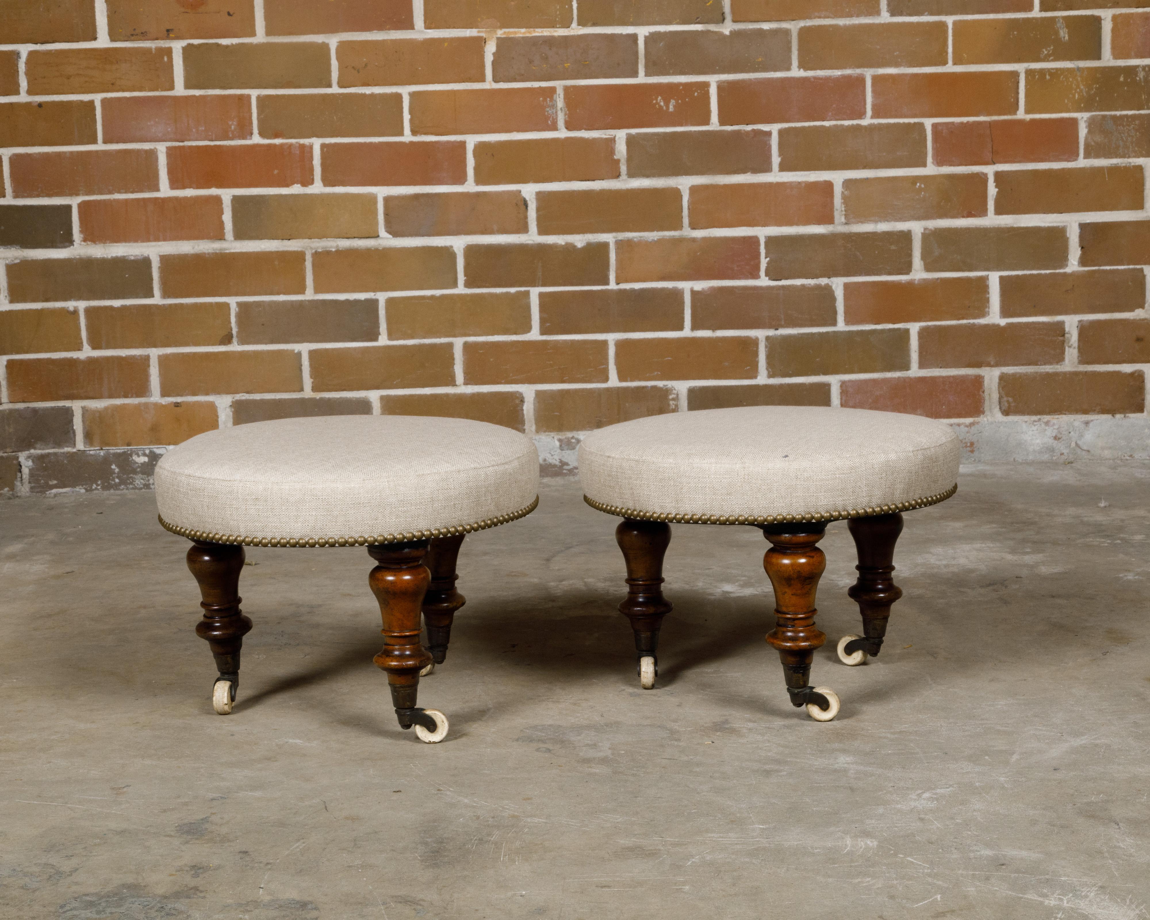 Upholstery Pair of English Mahogany Stools with 19th Century Turned Legs on Casters For Sale