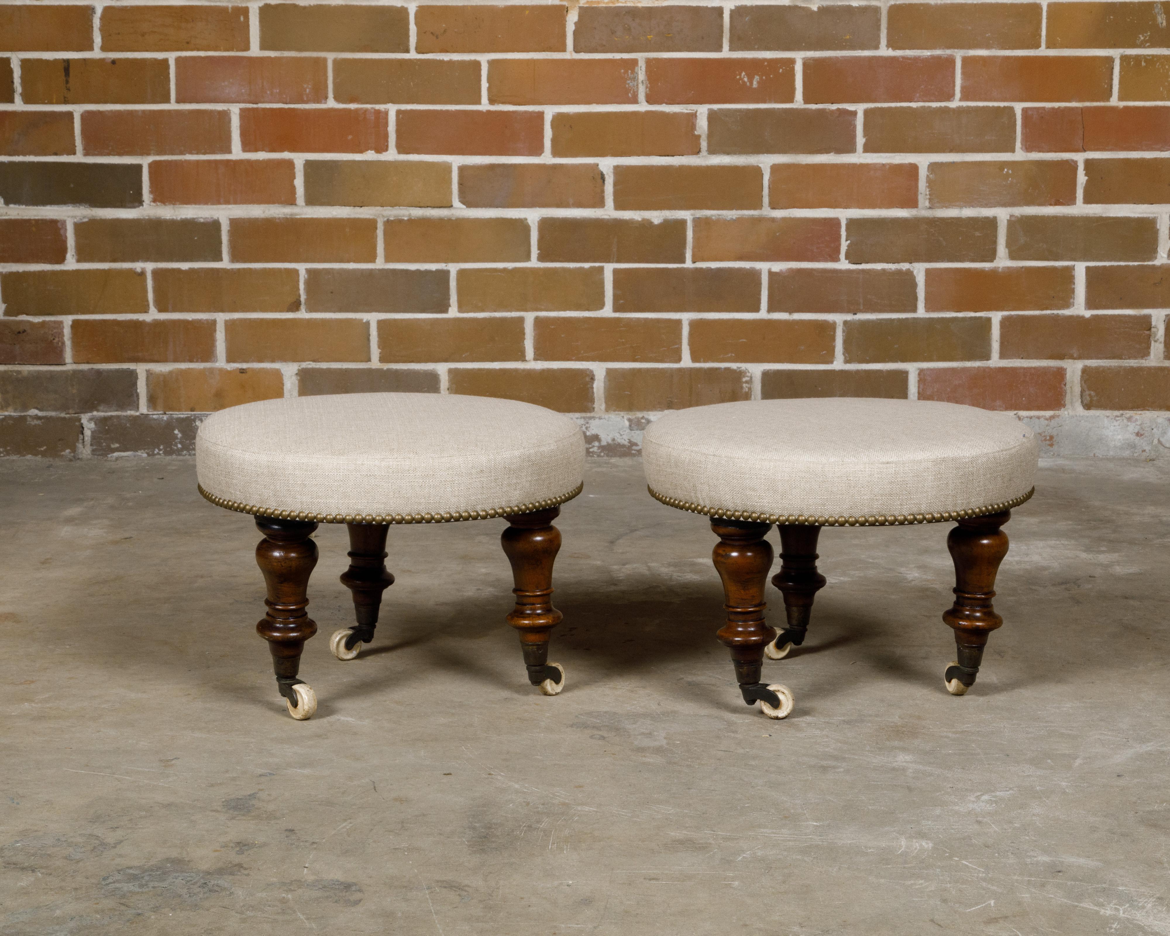Pair of English Mahogany Stools with 19th Century Turned Legs on Casters For Sale 1